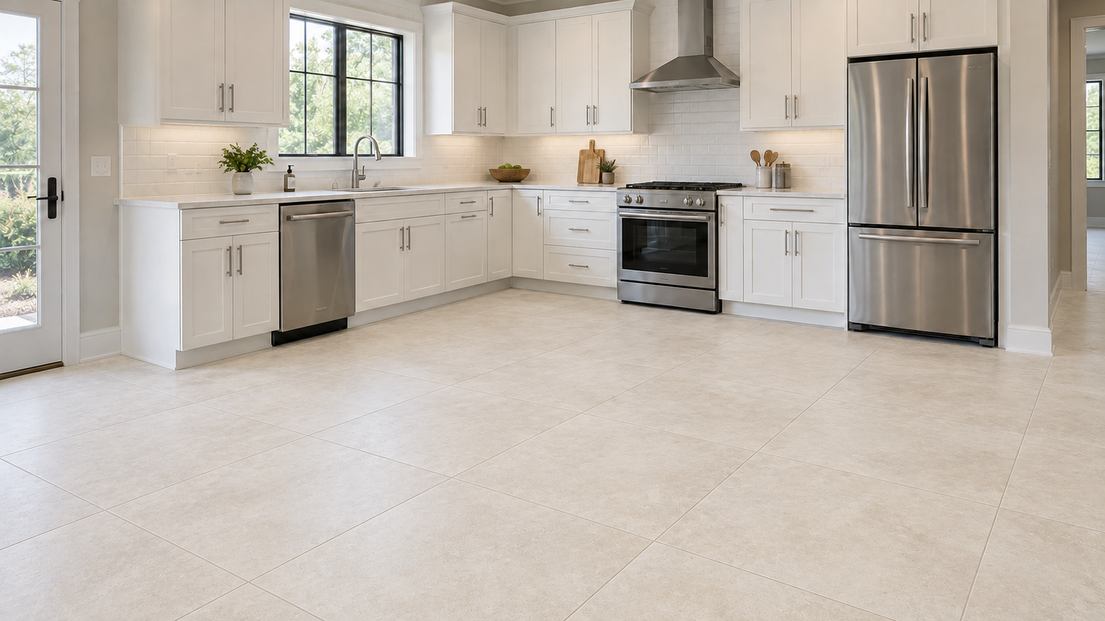 Illustrative kitchen with ivory porcelain tile flooring